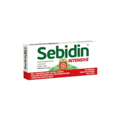 Sebidin Intensive 5mg+5mg bez cukru, 20 tabletek do ssania