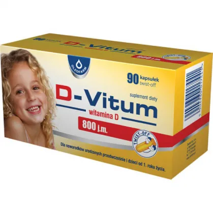 D-Vitum 800 j.m., witamina D dla noworodków urodzonych przedwcześnie i dzieci od 1 roku, 90 kapsułek twist-off