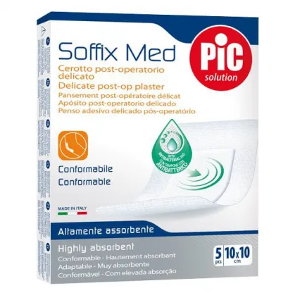 Pic Solution Soffix-Med, plaster pooperacyjny, antybakteryjny, 10 cm x 10 cm, 5 sztuk