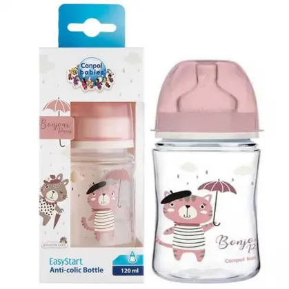 Canpol Babies EasyStart, butelka antykolkowa, szeroka, Bonjur Paris, różowa, 35/231, od urodzenia, 120 ml