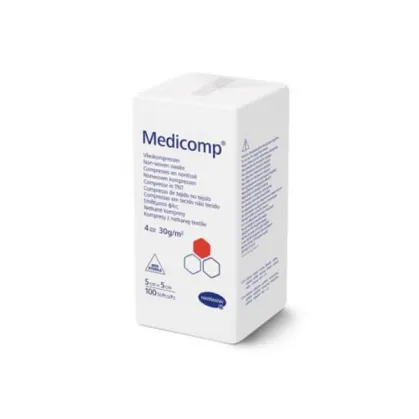 Medicomp, kompresy niejałowe, włókninowe, 4-warstwowe, 5 cm x 5 cm, 100 sztuk