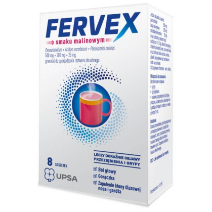Fervex 500 mg + 200 mg + 25 mg, granulat do sporządzania roztworu doustnego, smak malinowy, 8 saszetek