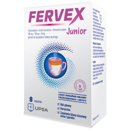 Fervex Junior 280 mg + 100 mg + 10 mg, granulat do sporządzania roztworu doustnego, 8 saszetek