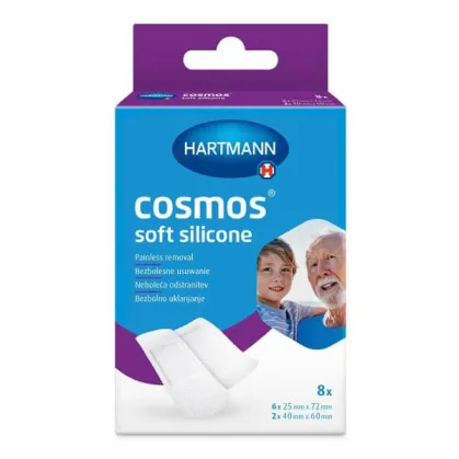 Cosmos Soft Silicone, plastry z klejem silikonowym, z opatrunkiem, włókninowe, delikatne, 8 sztuk