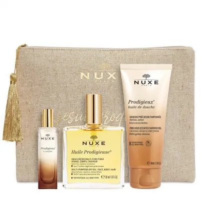 Nuxe Prodigieux Zestaw z kosmetyczką, perfumy, 15 ml + suchy olejek, 50 ml + olejek pod prysznic, 100 ml