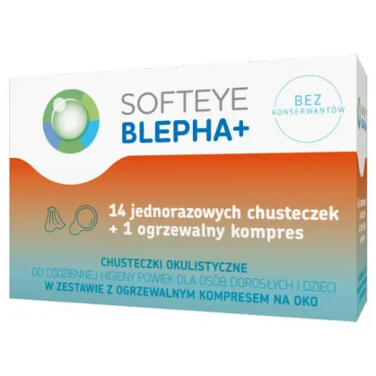 Softeye Belpha +, chusteczki okulistyczne, 14 sztuk + ogrzewalny kompres na oko, 1 sztuka
