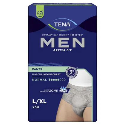 Tena Men Active Fit Pants Normal, majtki chłonne, rozmiar L/XL, 95-130 cm, Grey, 30 sztuk