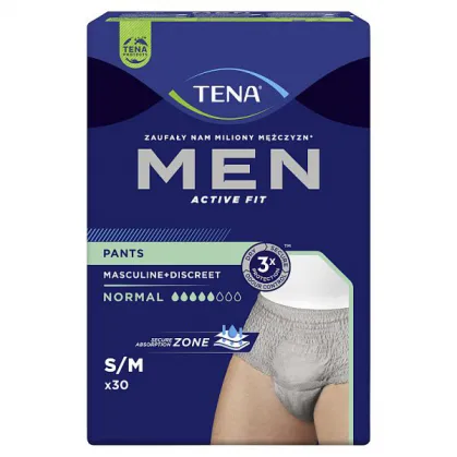 Tena Men Active Fit Pants Normal, majtki chłonne, rozmiar S/M, 75-105 cm, Grey, 30 sztuk