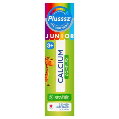 Plusssz Junior Calcium Complex, dla dzieci powyżej 3 lat, smak poziomka-jeżyna, 20 tabletek musujących